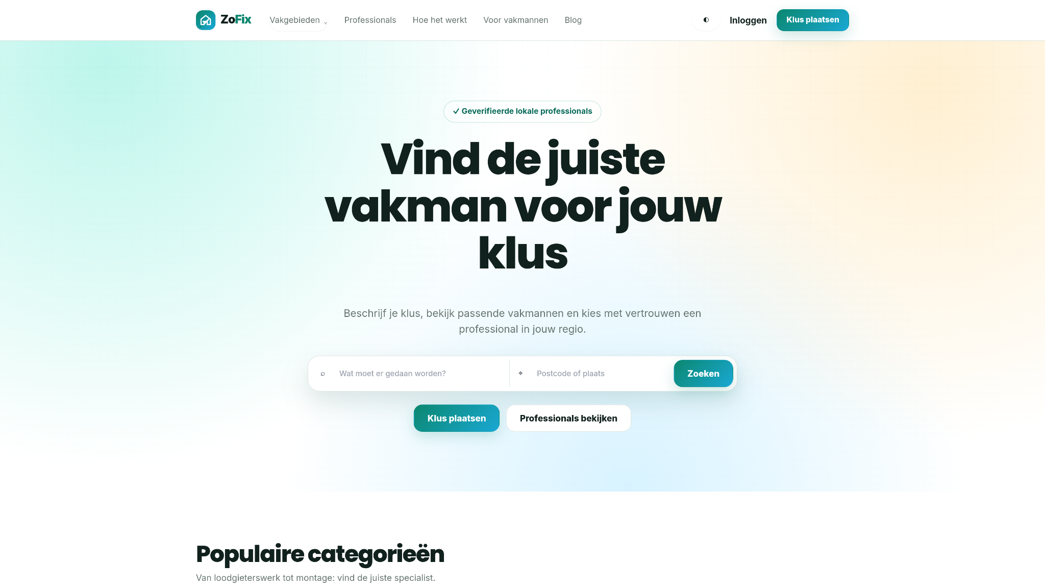 Homepage van het ZoFix klusplatform voor klanten en vakmensen